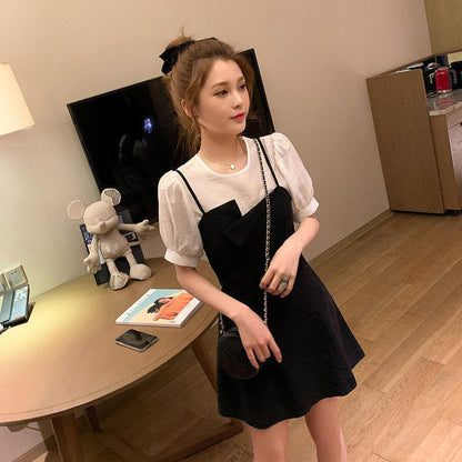 Two Piece White Shirt with Suspender Dress for Women's Simple and Elegant Summer Dress Suit