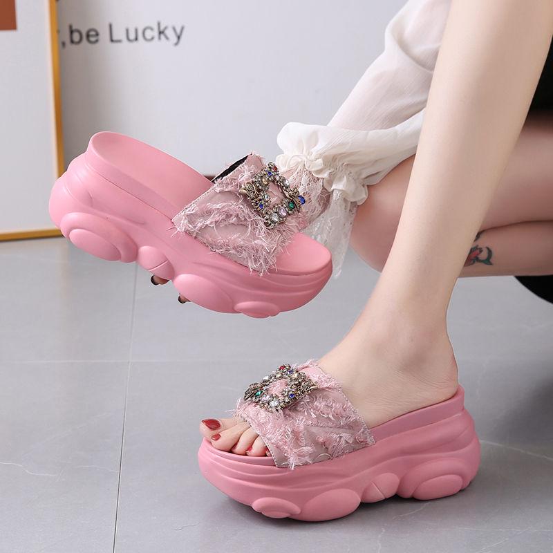 Summer wear slippers female net red ins sandals fashion wild thick bottom sponge cake half dragging