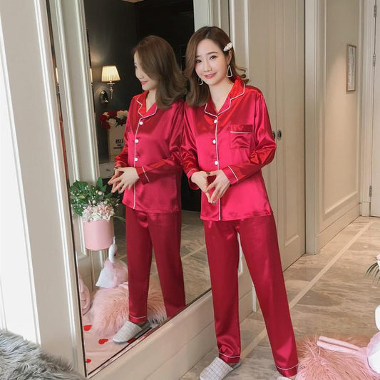 Women's Pajamas Set Spring Autumn Sleepwear Suit Silk Shirt Loose Casual Home Wear Long Sleeve Tops and Pants Suits Solid Plus Size M-5XL Nightwear