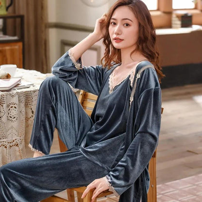 Three-piece Set Women's Sexy Lace Sling Nightgown with Chest Pad Gold Velvet Pajamas Winter Outwear Long Sleeves Night Robe Sleeping Suit