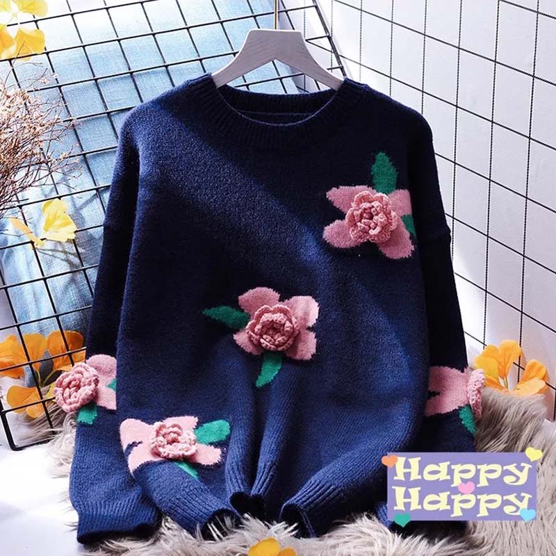 2021 New Autumn and Winter Embroidered Pullover Women's Sweater Fashion Loose Casual Three-dimensional Knitted Top