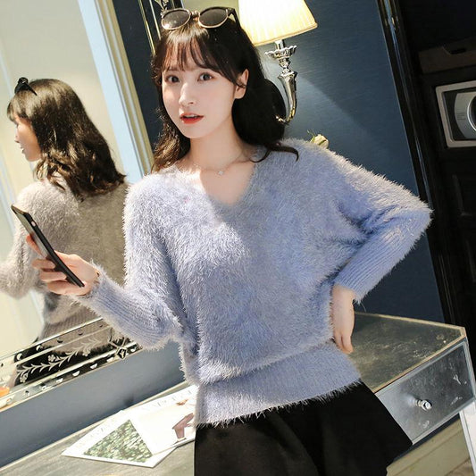 Autumn and Winter Style Plush Loose V-neck Bottoming Shirt Slim Short Sweater Women