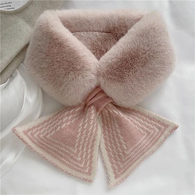 Women's Autumn Winter Cross Scarf All-match Bowknot Knitted Plush Faux Rex Rabbit Fur Collar Striped Thickened Warmth Neck Protection Neckerchief