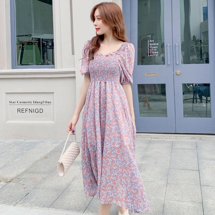 Female Vintage High Waist Super Fairy Holiday Dress Elegant Slim Little Fresh Chiffon Floral Print Dress