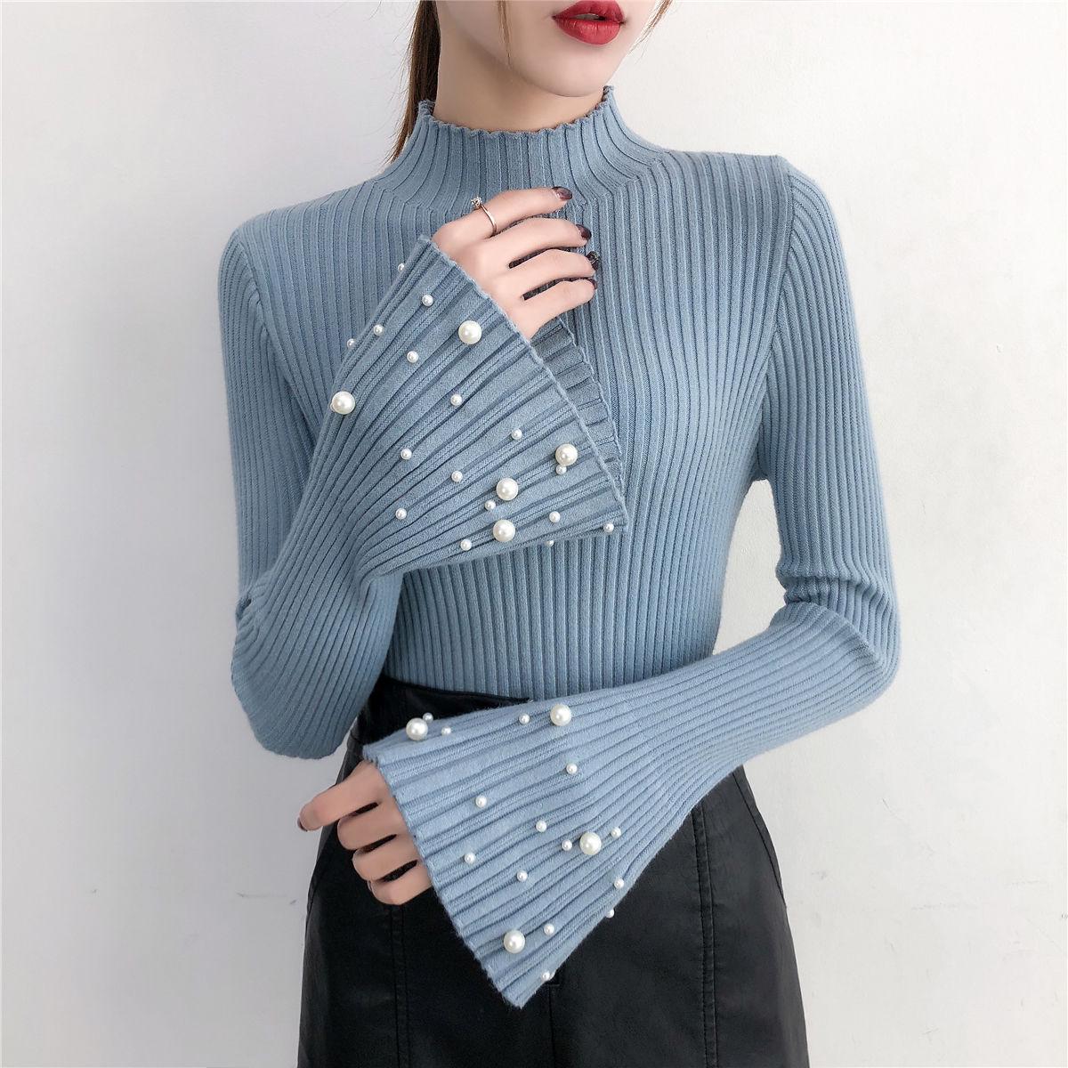 Trumpet Sleeves Pullover Sweater Women's Long-sleeved Slim Beaded Sweater Bottoming Shirt