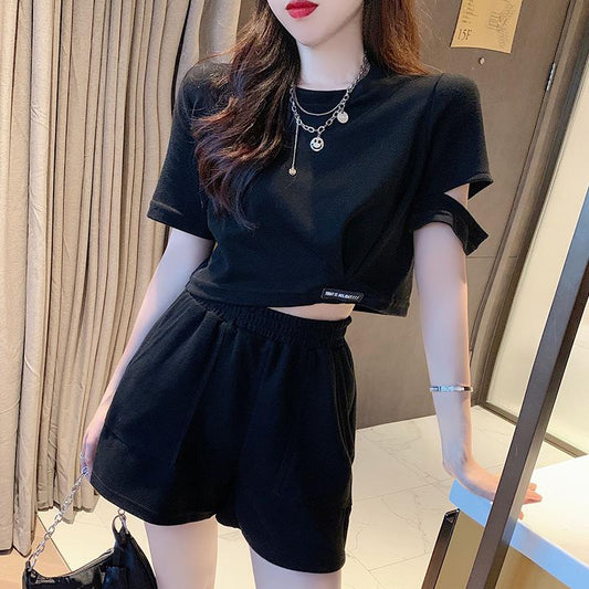 2PCS Summer Leisure Sports Suit Athletic Girl Student Short Sleeve T-Shirt + Split Zipper Shorts Fitness Casual Two-piece Suit Tracksuits for Women