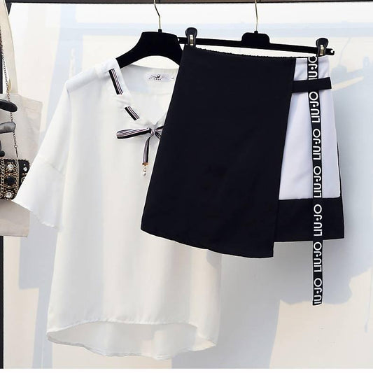 Pofulove Skirt Suit Summer Bow V-neck Blouse Irregular Skirt Two-piece Set Female Thin Skirt Set