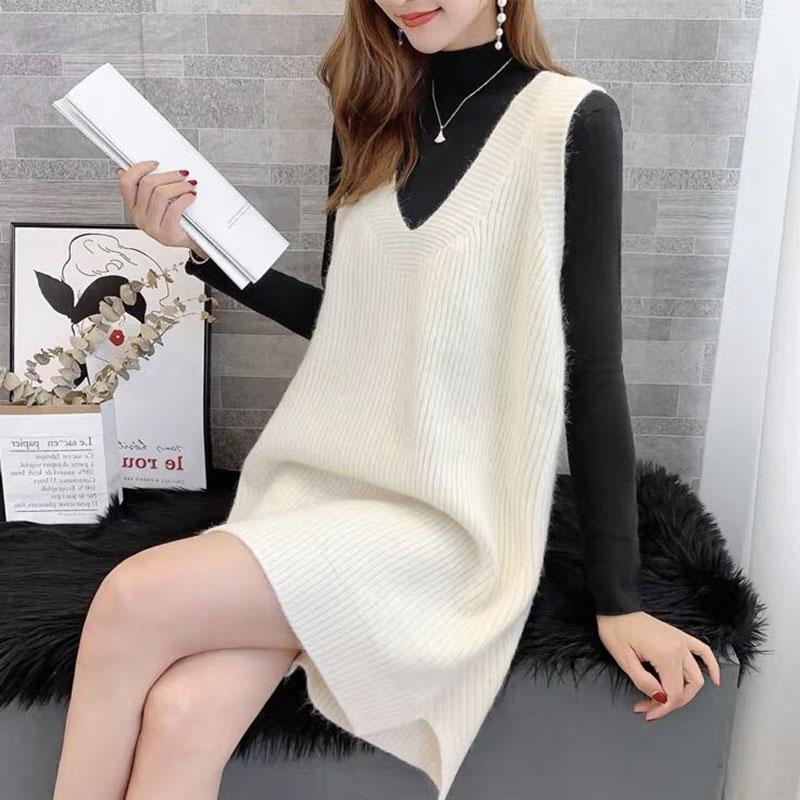 Autumn and Winter Long Knitted Sweater Loose V-neck Versatile Dress Casual Solid Color Women's Vest Dress