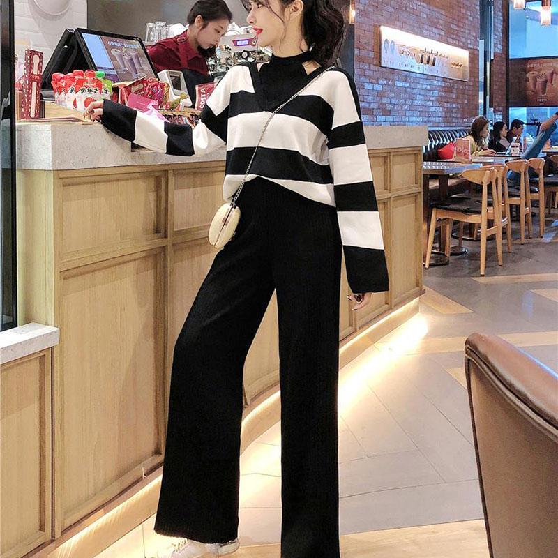 2pcs/set  Women Winter Tracksuit 2 Piece Pant Suits Knitted Striped Sweater Top and Pants 2 Piece Set Outwear Outfits