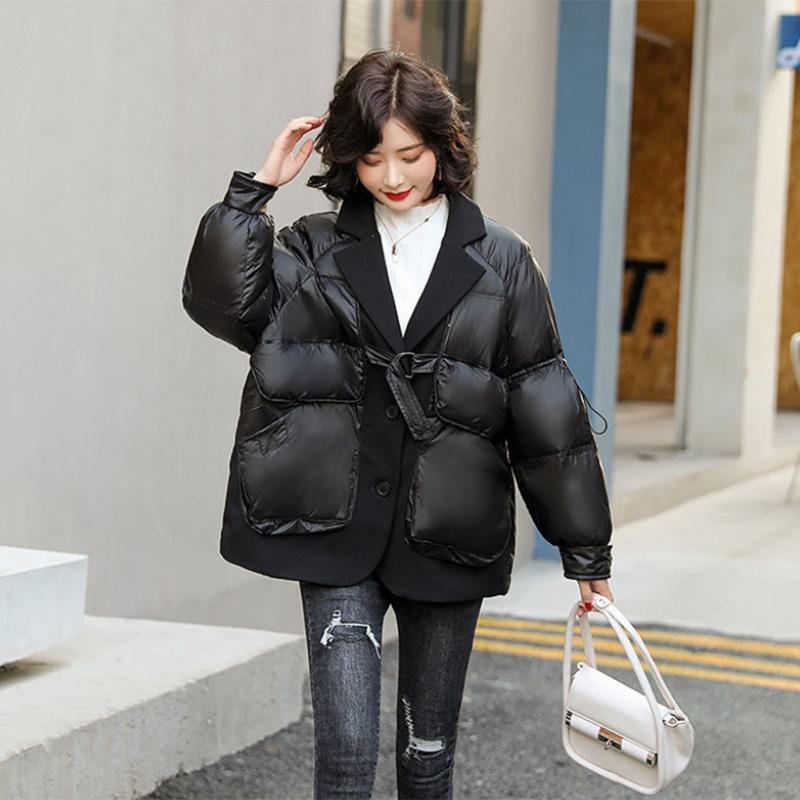 Women's Solid Color Mid-length Down Jacket Winter Korean Loose Coat Warm Suit Collar Down Jacket Quilted Jacket