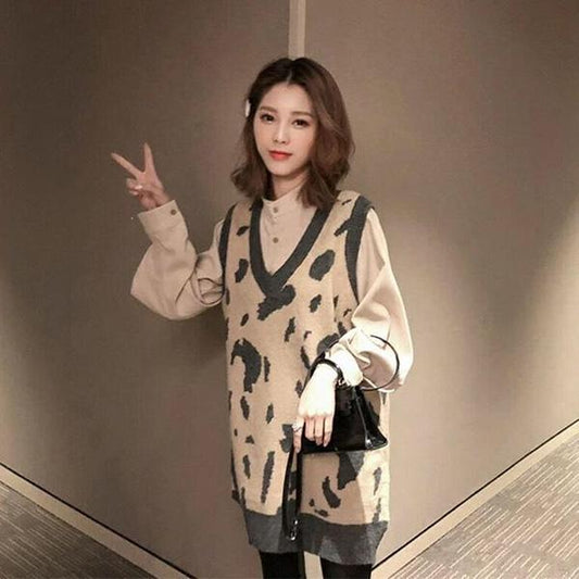 Inner Sleeveless Leopard Sweater Women Loose Knit Mid-length Vest V-neck Casual Soft Waistcoat