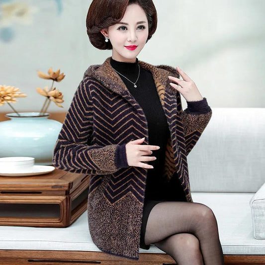 Middle-aged and Elderly Imitation Mink Velvet Coat Female Mother Wear Sweater Autumn and Winter Wear Short Middle-aged Hooded Cardigan