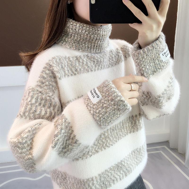 Women's Turtleneck Sweater Fuzzy Sweater for Women Loose Pullover Sweater Thicken Mink Fleece Sweater Outer Wear Mohair Sweaters