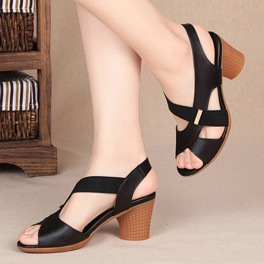 Mid-heel Sandals Women's Summer High-heeled Shoes Thick-heeled Fish Mouth Shoes Middle-aged and Elderly Comfortable Non-slip Soft Sole