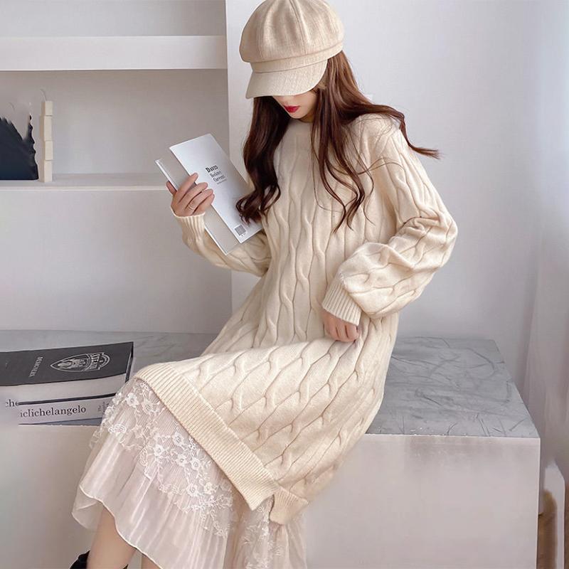 Sweater Dress Female Over-the-knee Base Skirt Mid-length Round Neck Pullover Long-sleeved Warm Sweater Lace Loose Sweet Wind