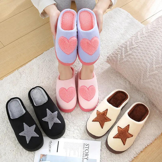 Winter Slippers Women Cotton Shoes Heart Pentagram Cute Thick Fleece Warm Men Plus Size Slides Home Indoor Casual Slipper