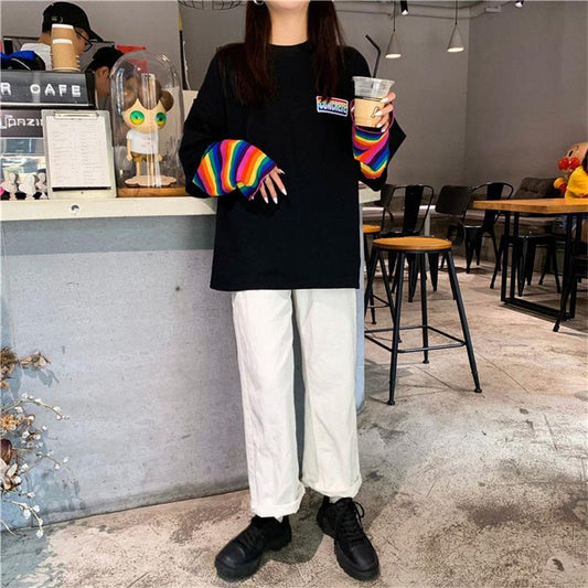 Spring Autumn Women Harajuku Long Sleeve Rainbow O-Neck T-Shirts  Casual Striped Femme Black Tops Pullover