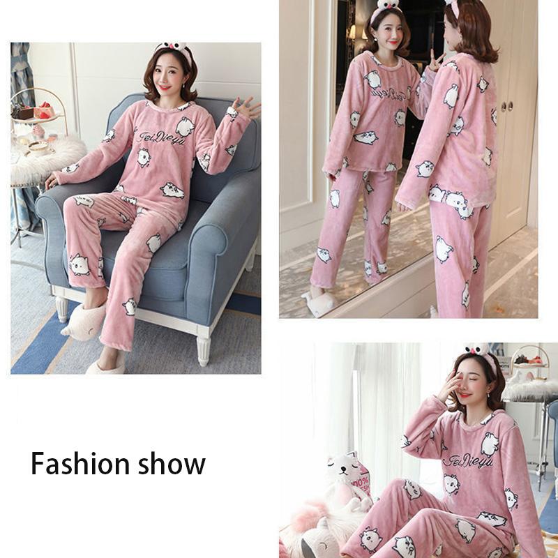 Pajamas Women's Flannel Soft Fabric Cute Card Thickening Plus Velvet Long-sleeved Warm Hood Home Service Suit Can Be Washed