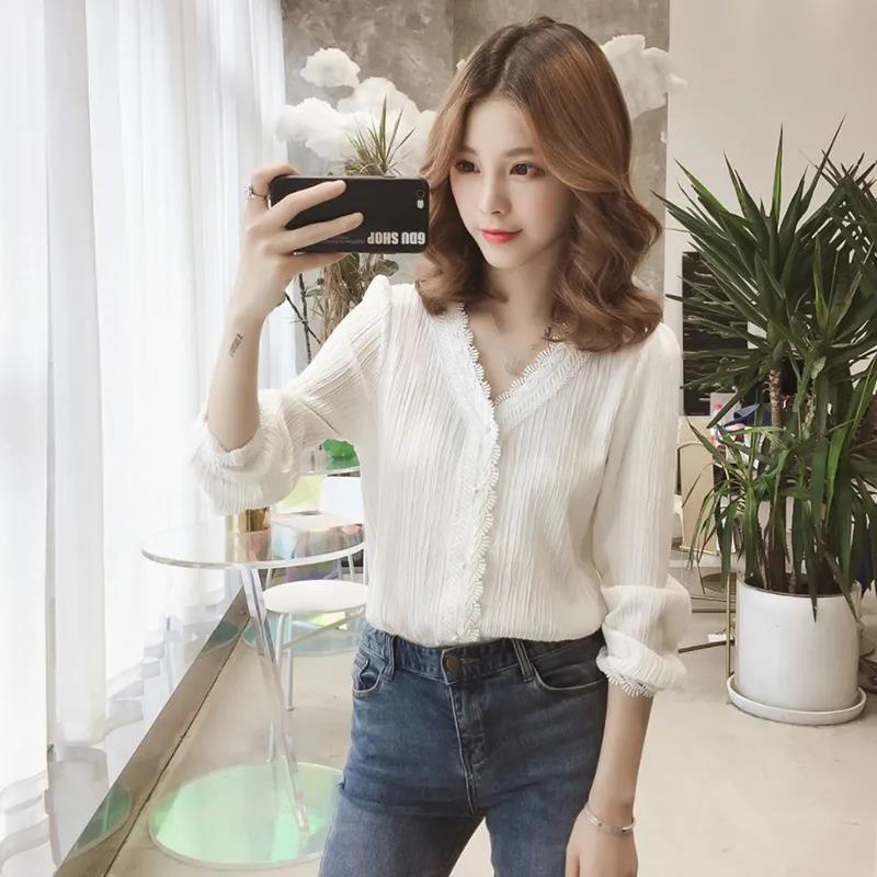 Chiffon Shirt Women's Long-sleeved Spring and Autumn Wear V-neck Shirt Women's Business Wear Shirt Suit with Casual Lady Elegant