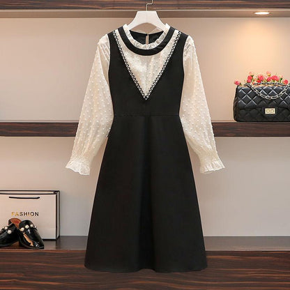 Female Vintage High Waist Long Sleeve Casual Dress Summer Elegant Slim Chiffon Lace Pleated Dress