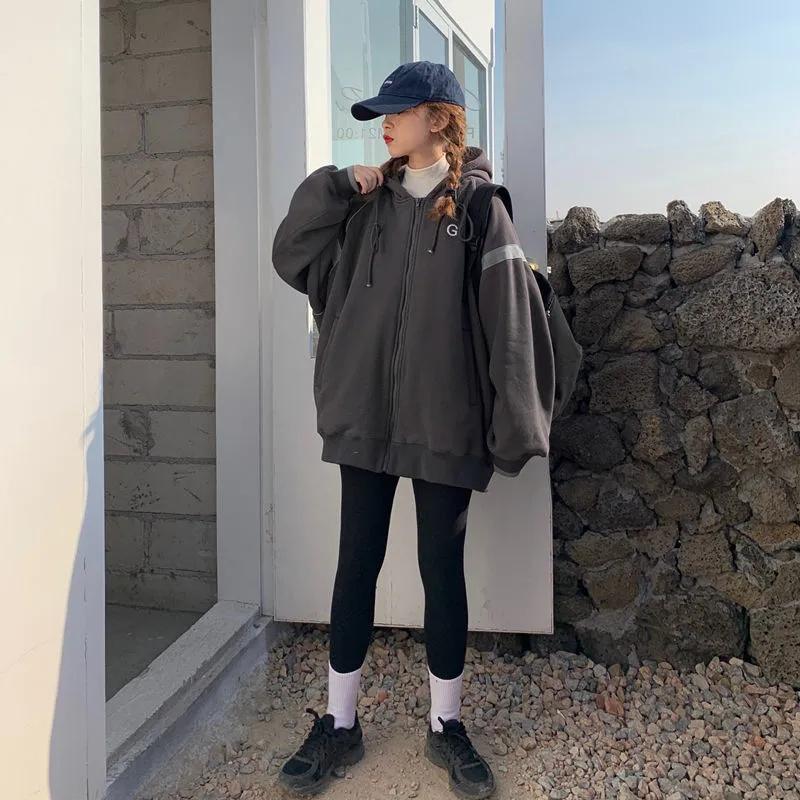 Hooded Sweater Women's Fleece Thickening Autumn and Winter Korean Version Loose Cardigan Mid-length Baseball Uniform Retro Jacket Zipper Coat