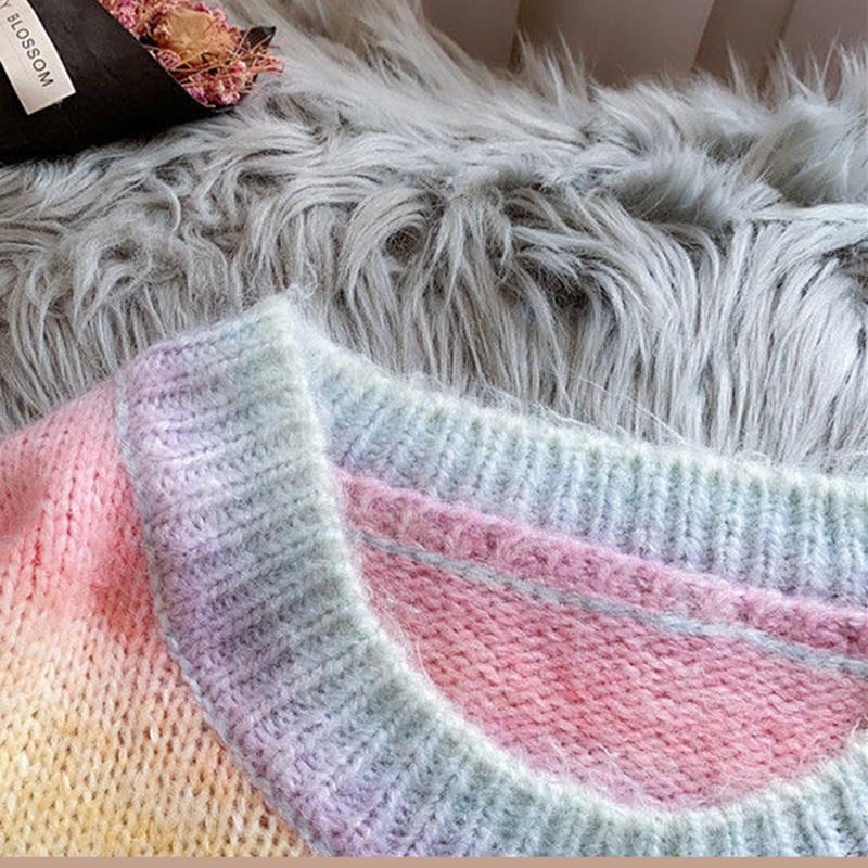 Autumn  Winter  Rainbow Sweater Slimming Women's  Loose Outer Wear Cocoon Casual Long-sleeved Sweater Top