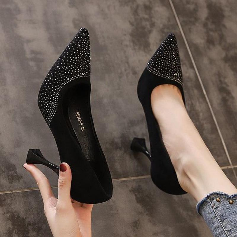 High Heels Female Pointed Toe Black Professional Job Small Fresh High Heels Female Stiletto Red Wedding Shoes