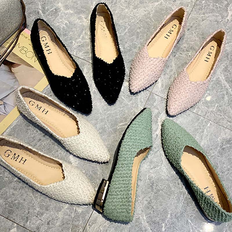 Low-heeled Shoes Spring Single Shoes Female Students Korean Version of All-match Pointed Toe Shallow Mouth Pedal Thick Heel Peas Shoes