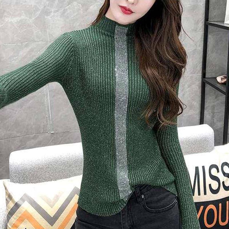 Women Rhinestone Thick Pullover Sweater Winter Bright Silk Bottoming Shirt Skinny Turtleneck Sweater