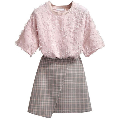 Summer Women 2 Piece Suit Short Sleeve Fringed Top T Shirt & Plaid Skirt Suits Skirts Set