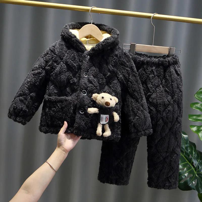 Winter Children's Pajamas Three-layer Thickened Cotton Jacket Baby Boys and Girls Big Children's Coral Velvet Warm Home Suit