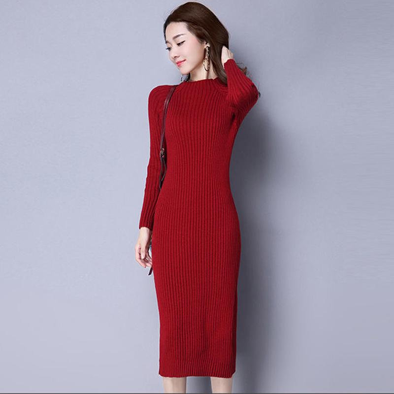 Autumn and Winter Slim Slimming All-match Base Long Sweater Dress Over-the-knee Warm Knitted Round Neck Long-sleeved Dress