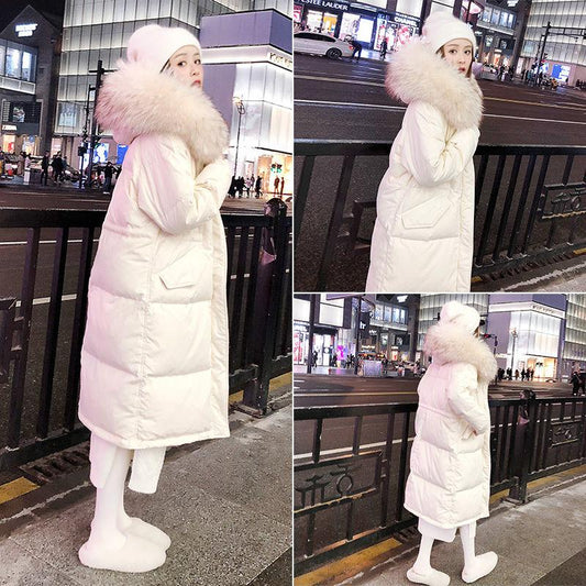 Fashion Hooded Fur Collar Women's Down Jacket Autumn and Winter Plus Velvet Thickening Warm Loose Casual White Duck Down Down Jacket