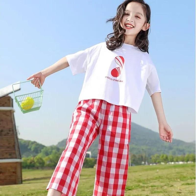 Girls' Summer Suits Big Children's Round Neck Short-sleeved Tops Girls Cotton and Linen Fashion Net Red Two-piece Suit