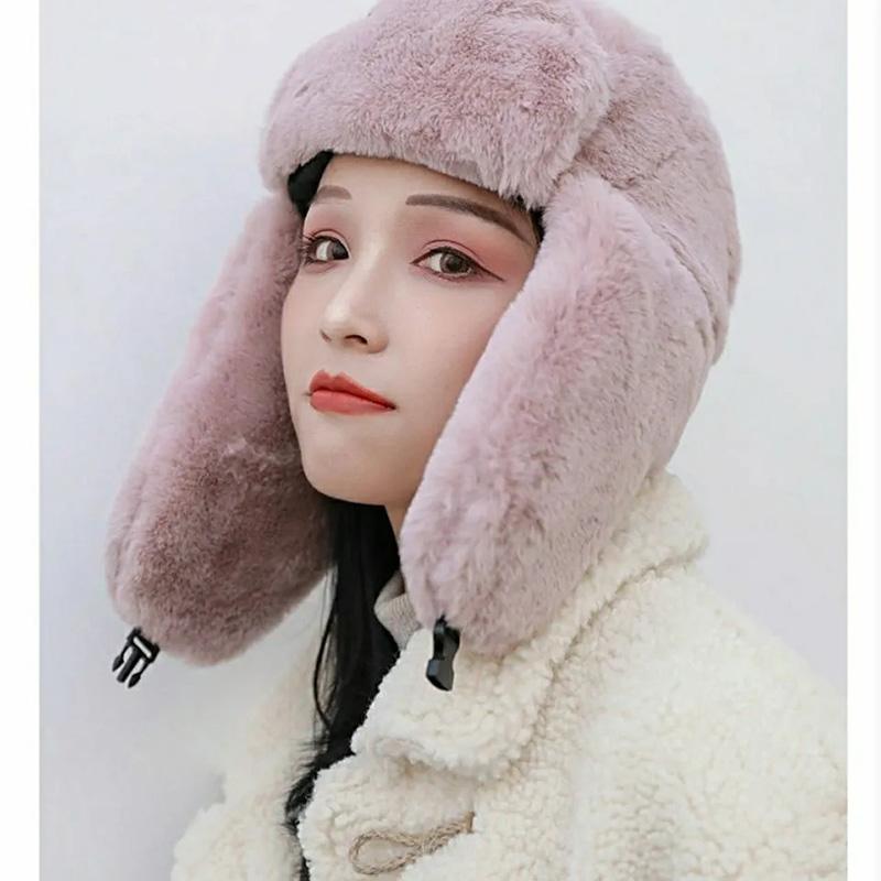 Women's Hat Winter Korean Version Plus Velvet Cold Proof Hat Winter Cycling Ear Protection Thick Windproof Warm Cute Hat Solid Long Ear Cap Fedoras