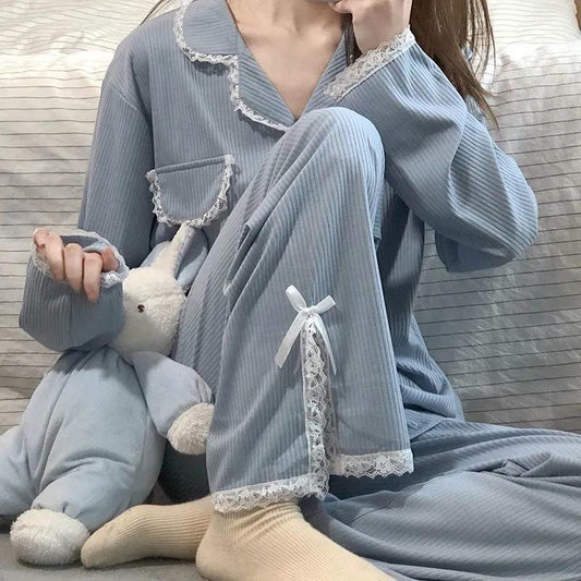 Women's Spring Autumn Long-sleeved Stripes Pajamas Set Lace Lapel Button Cardigan Pants Suit Winter Cute Simple Out Wear Loose Homewear Sleeping Suit