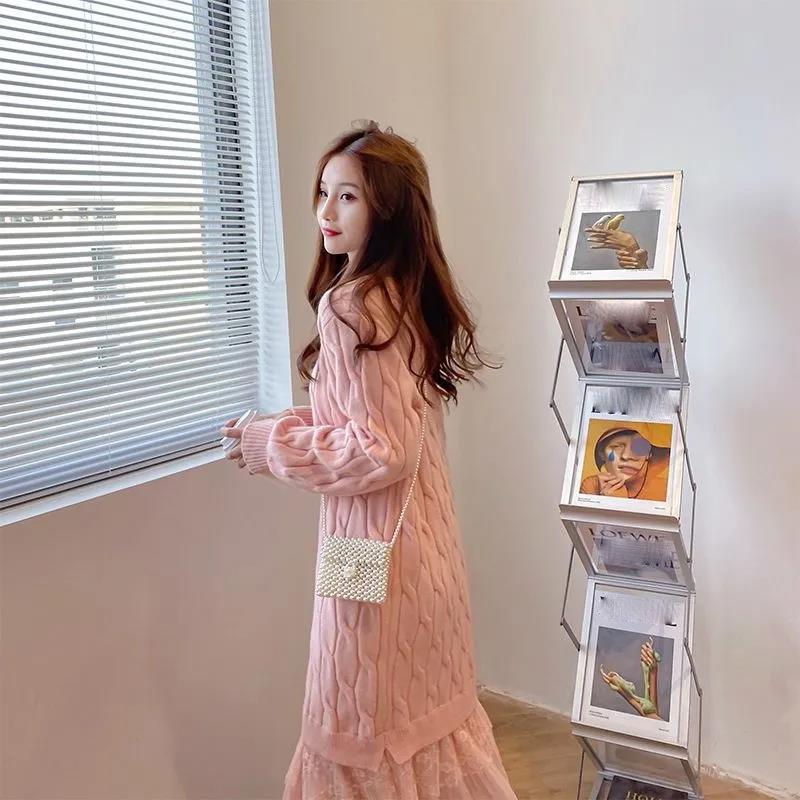 Sweater Dress Female Over-the-knee Base Skirt Mid-length Round Neck Pullover Long-sleeved Warm Sweater Lace Loose Sweet Wind