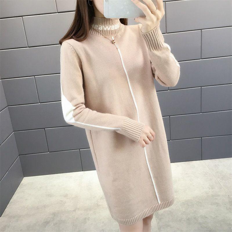 Autumn and Winter Half-high Neck Mid-length Sweater Dress Loose Casual Dress Fashion Knitted Women's Base Dress