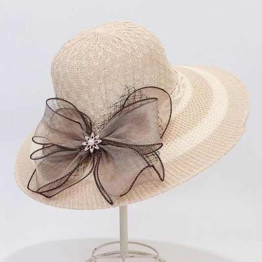 Women's Summer Cotton Linen Knitted Big Brim Sun Hat Beach Bow Ribbon Sunshade Anti-UV Sun Hat Fisherman Hat