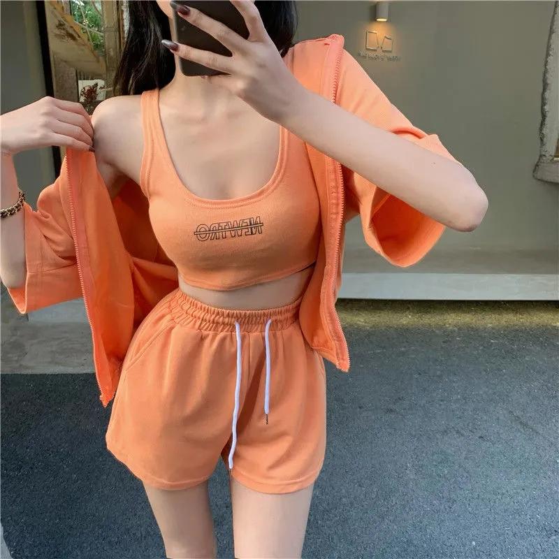 3PCS Casual Sports Suit Ladies Summer Zip Cardigan + Vest + Wide Leg Shorts Three-piece Set Tracksuits Jogging Suits Girls Athletic Clothing