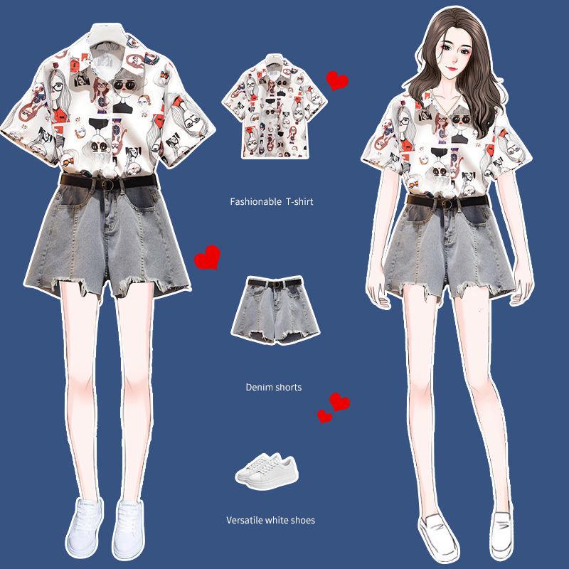 Women Summer Short Set Printed Short Sleeve Shirt and High-waist  Denim Shorts Two-piece Set Plus Size Outfits