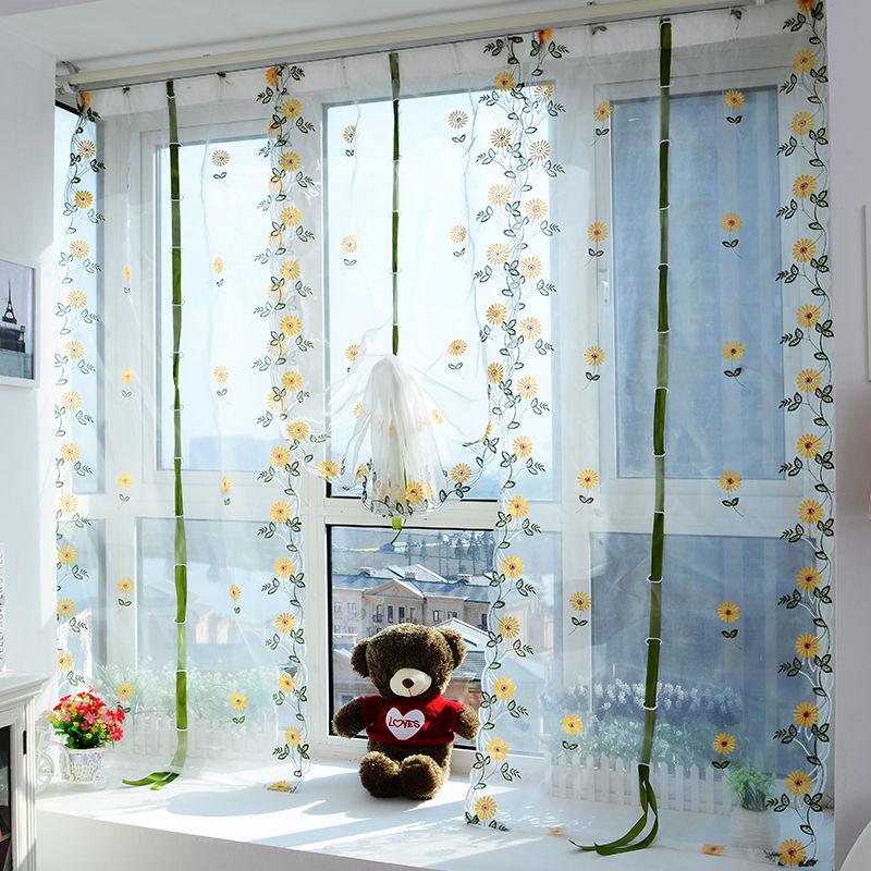 Romantic Butterfly Floral Voile Tulle Curtains Draw String  Door Window Curtain Balcony Panel Sheer Curtains