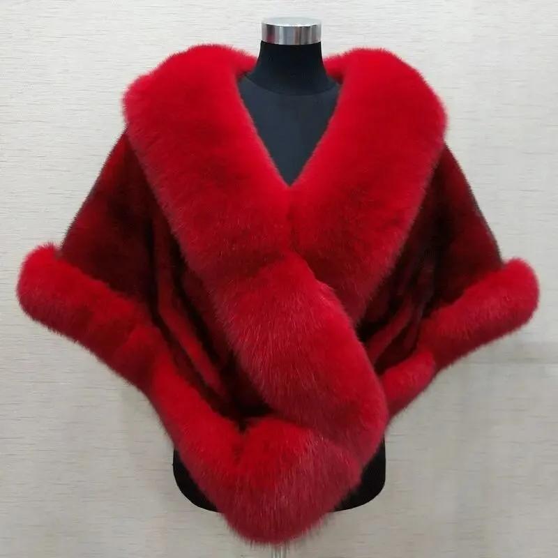 Ladies Winter Luxury Mink Fox Fur Shawl Faux Fur All-match Cloak Coat Plush Dress Cardigan Cloak High Quality Solid Thick Warm Cape Shawl Cloak