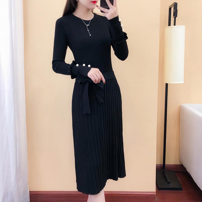 Long Knit Shirt Over The Waist Waist Long Sleeve Round Neck Sweater Bottom Skirt  Women's Clothing