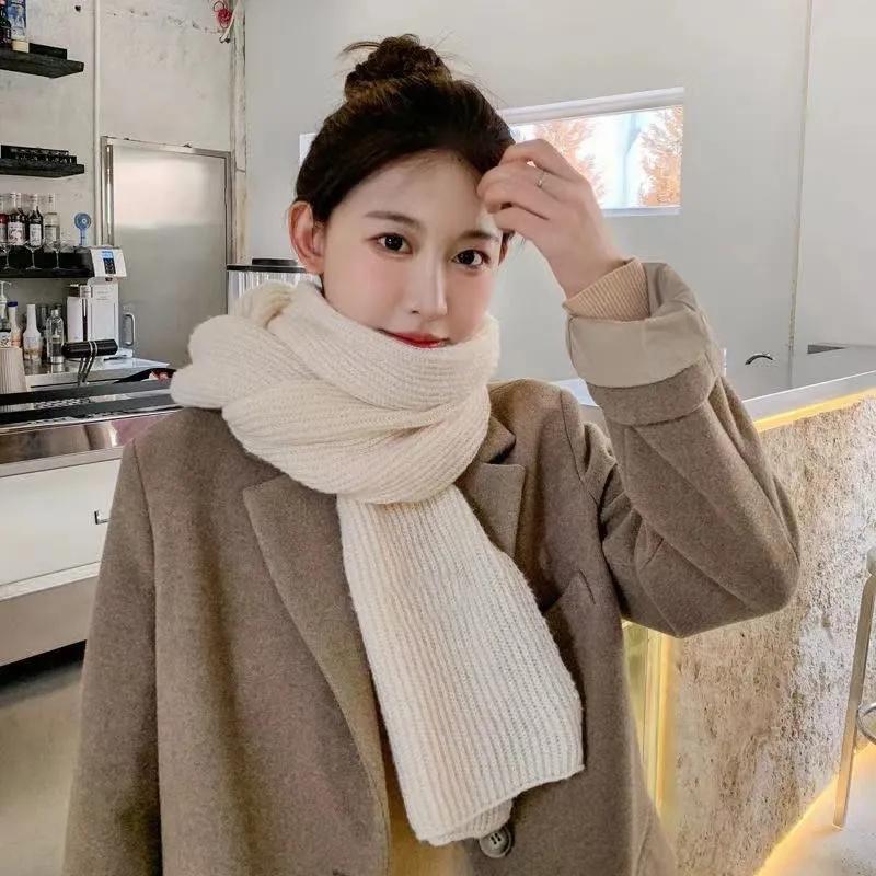 Women's Winter Knitted Scarf Pure Color Cashmere Thickened Warm Scarf Korean Simple Style All Match Wrap Shawl Neck Cover Long Handmade Neckerchief