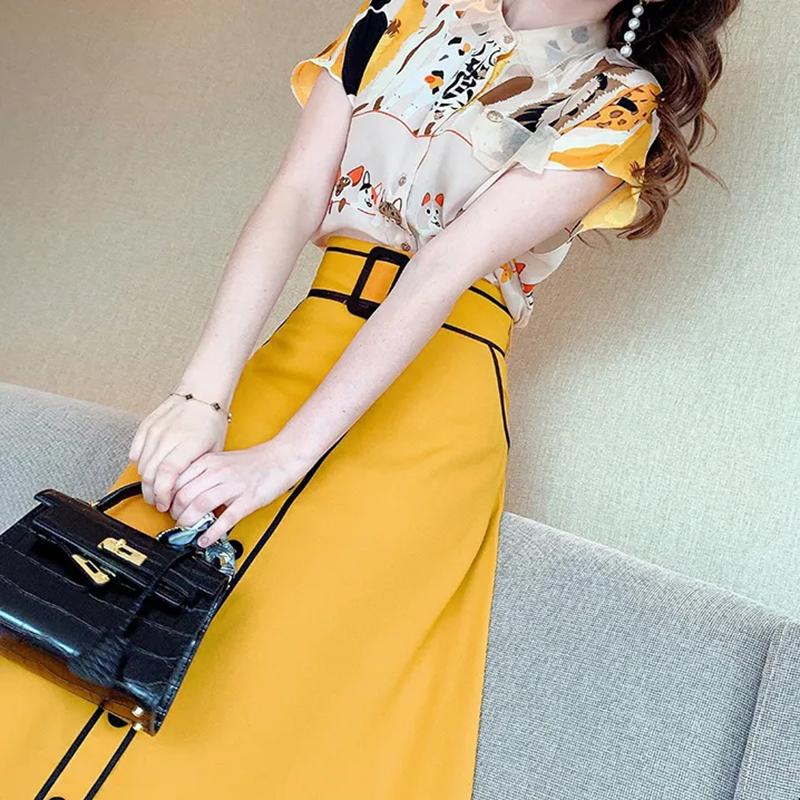 High Quality Women Irregular T Shirt+Skirts SuitsTops Vintage Floral Dress Sets Elegant Woman Two Piece Suits