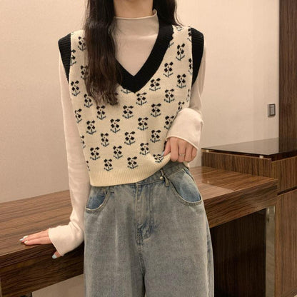 Sweater Vest Women Vintage Sleeveless Knitted Crop Tops Girls Patchwork Flowers Spring Simple Casual V-neck Japanese Style Chic