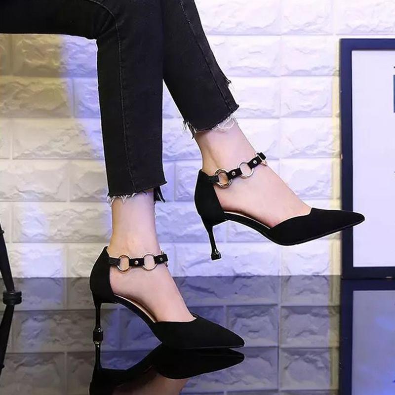 Spring Korean Version of All-match High Heels Pointed Toe Stiletto High Heels Women's Buckle High Heels Shoes Mid-heel