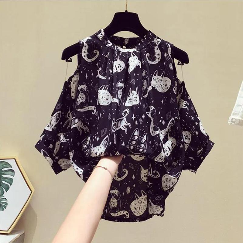 Large Size Off-shoulder Short-sleeved Women's Temperament Chiffon Shirt Loose and Thin Cover Belly Top Ladies Temperament Chiffon Shirt