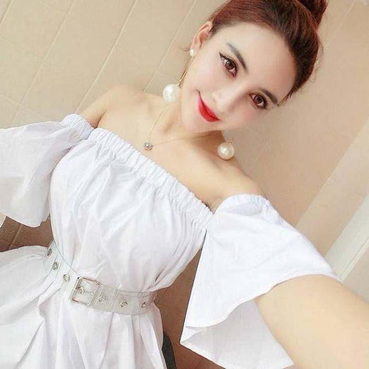 Pofulove Women Sexy Off Shoulder A-line Dress Slim Short-sleeved Mid-length Dress Nightclub Dresses